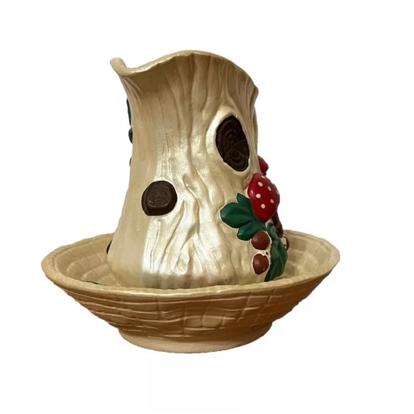 Vtg Pitcher With Bowl Ceramic Mushroom Log Stump Acorn Oak Leaves witchy cottage - Picture 6 of 16